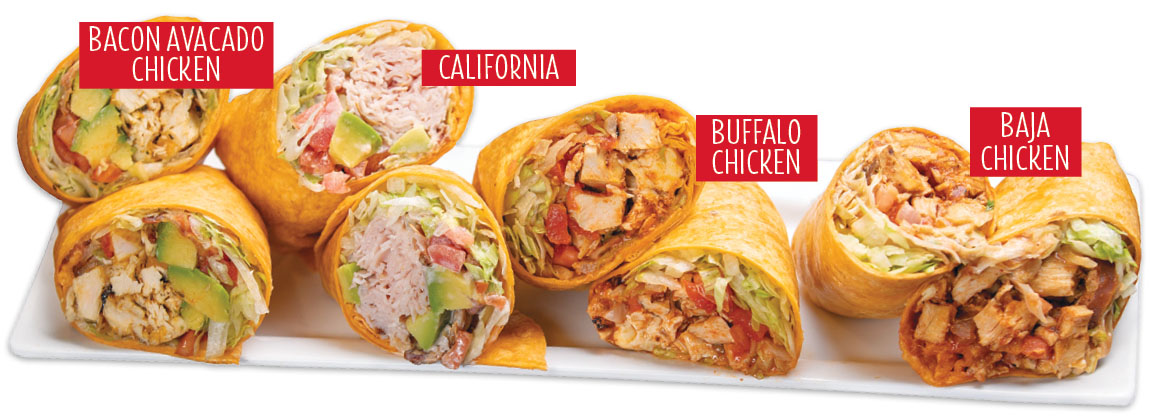 Bacon Avacado Chicken Wrap  |  California Wrap  |  Buffalo Chicken Wrap  |  Baja Chicken Wrap